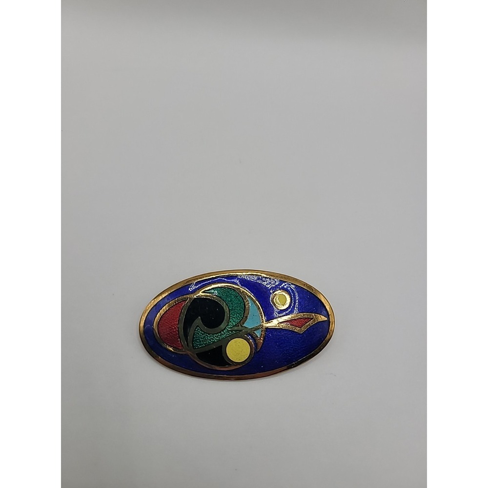 Vintage Closonne' Enamel Abstract Brooch Blue Red Green Gold Oval Modernist Pin